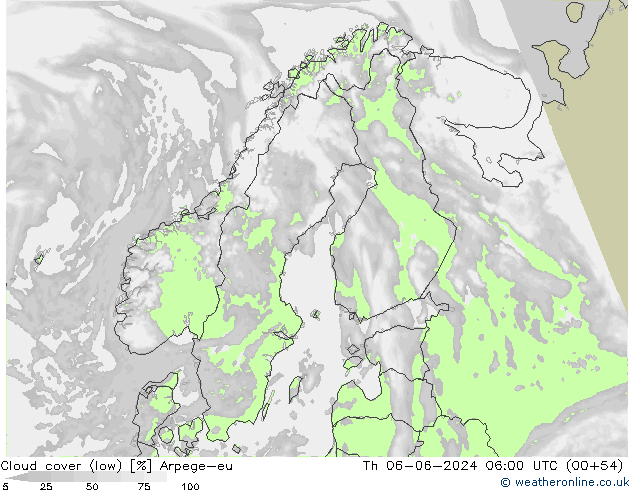 Cloud cover (low) Arpege-eu Th 06.06.2024 06 UTC