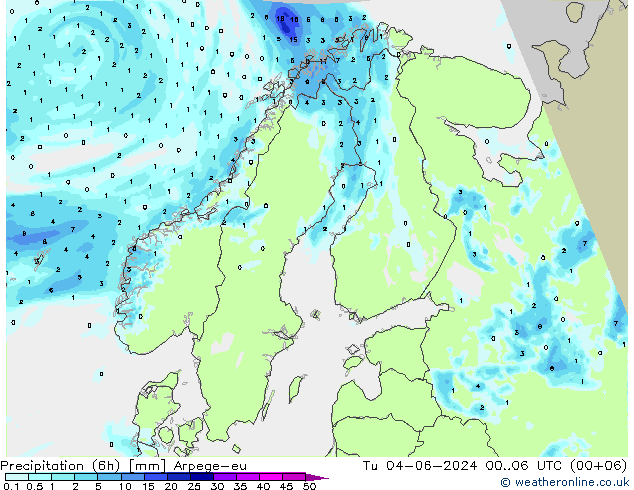 Precipitation (6h) Arpege-eu Tu 04.06.2024 06 UTC