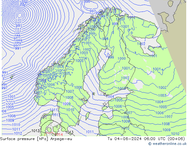 Atmosférický tlak Arpege-eu Út 04.06.2024 06 UTC