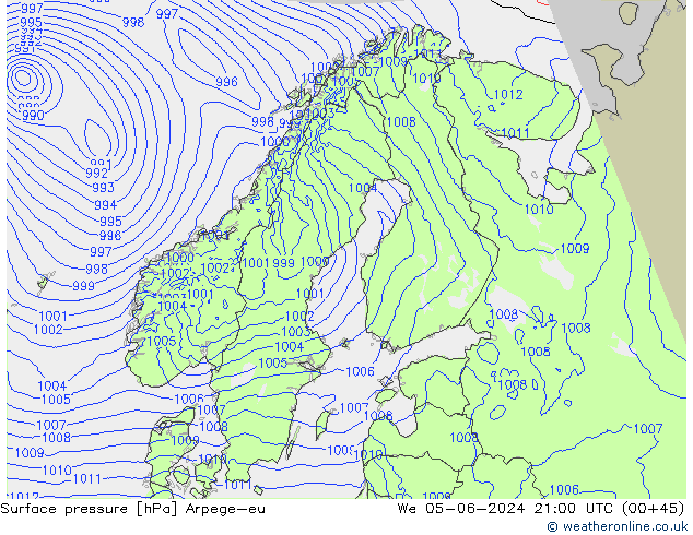 Surface pressure Arpege-eu We 05.06.2024 21 UTC