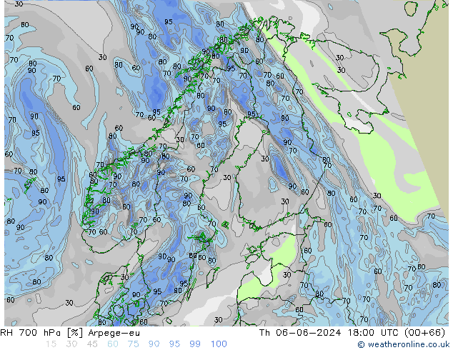 RH 700 hPa Arpege-eu Th 06.06.2024 18 UTC