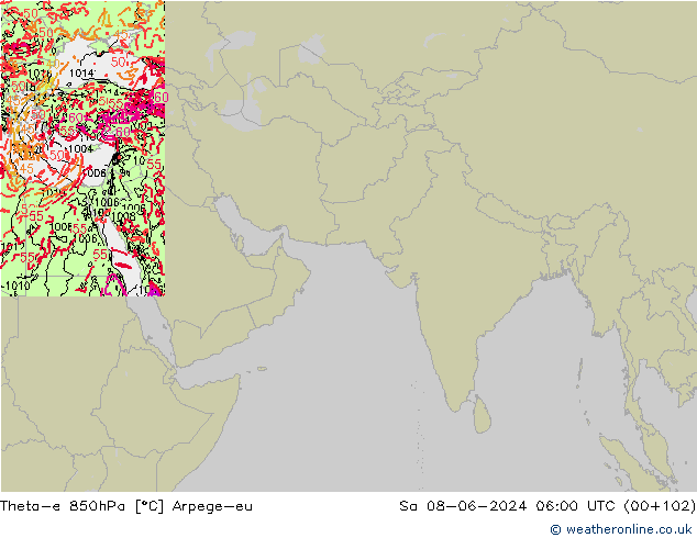 Theta-e 850hPa Arpege-eu Sa 08.06.2024 06 UTC