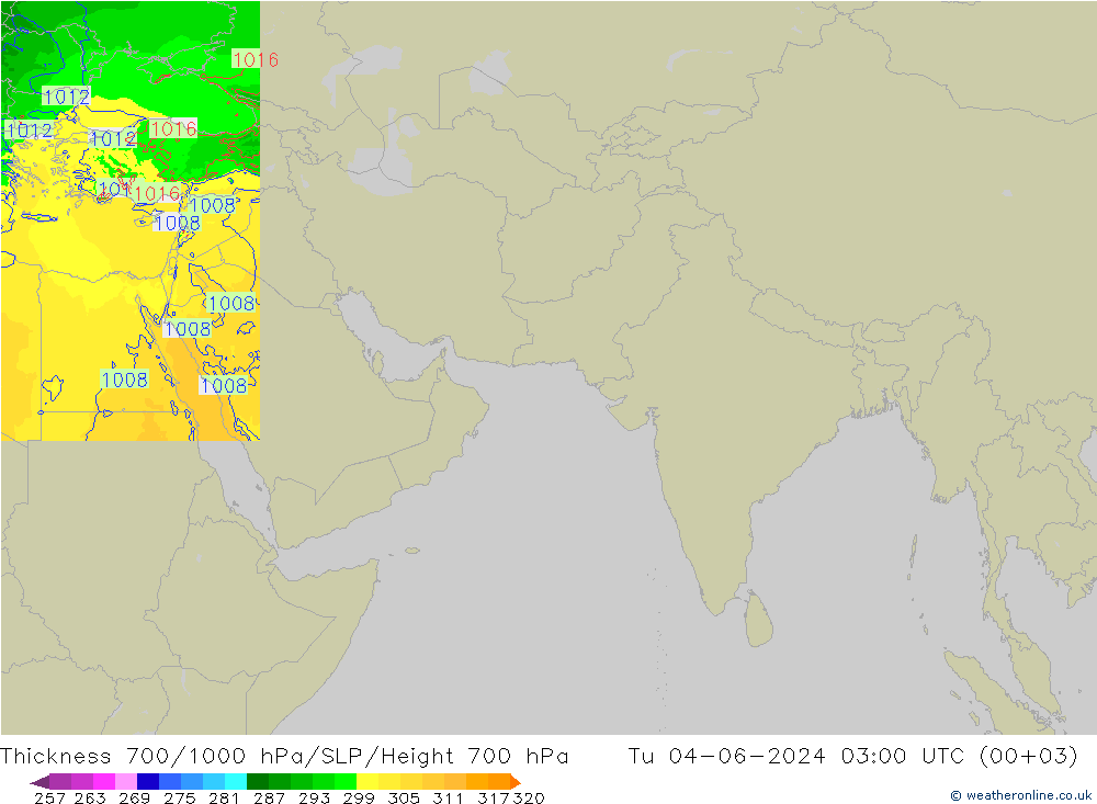 Thck 700-1000 hPa Arpege-eu 星期二 04.06.2024 03 UTC