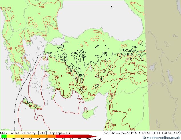 Max. wind velocity Arpege-eu sab 08.06.2024 06 UTC