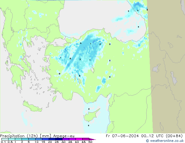 Totale neerslag (12h) Arpege-eu vr 07.06.2024 12 UTC