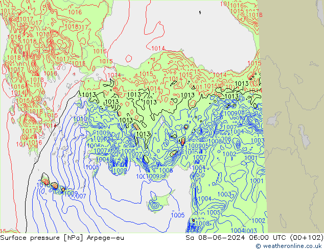 Presión superficial Arpege-eu sáb 08.06.2024 06 UTC