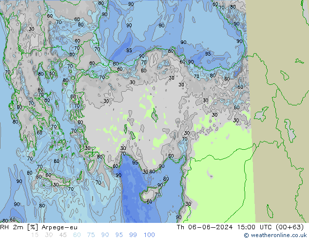 Humidité rel. 2m Arpege-eu jeu 06.06.2024 15 UTC