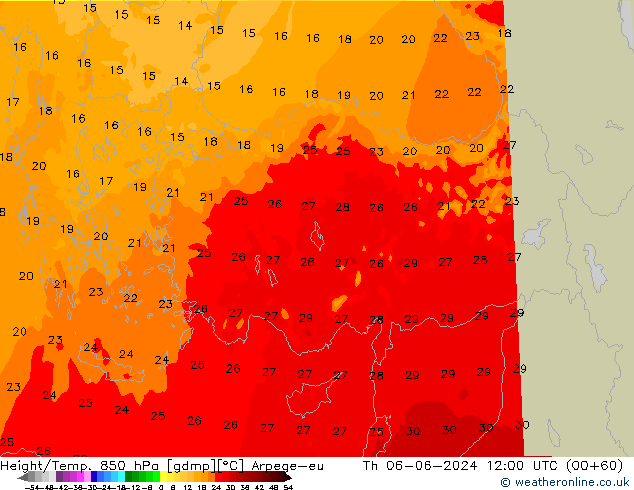 Height/Temp. 850 hPa Arpege-eu czw. 06.06.2024 12 UTC