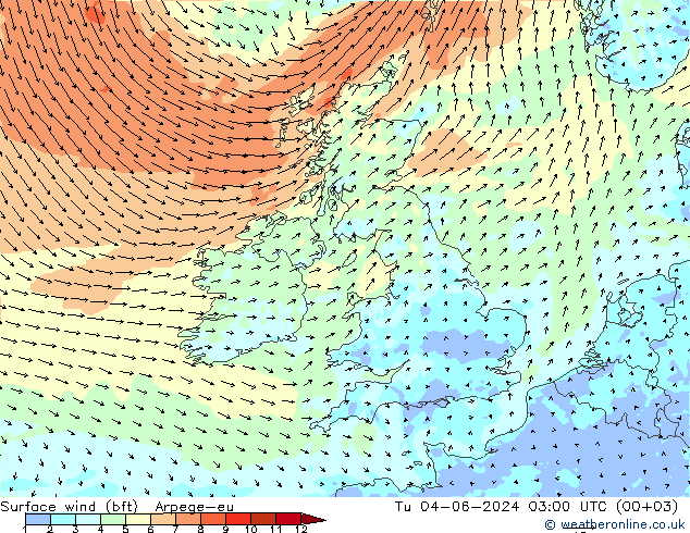 Surface wind (bft) Arpege-eu Tu 04.06.2024 03 UTC