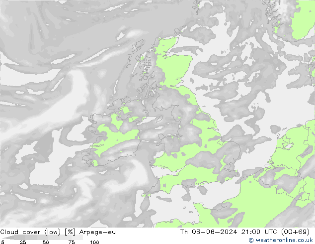 Cloud cover (low) Arpege-eu Th 06.06.2024 21 UTC