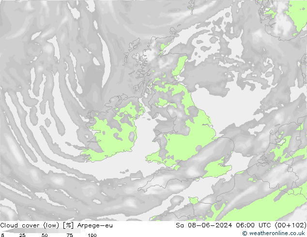 Cloud cover (low) Arpege-eu Sa 08.06.2024 06 UTC