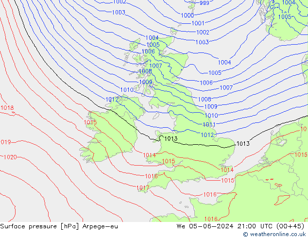 Pressione al suolo Arpege-eu mer 05.06.2024 21 UTC