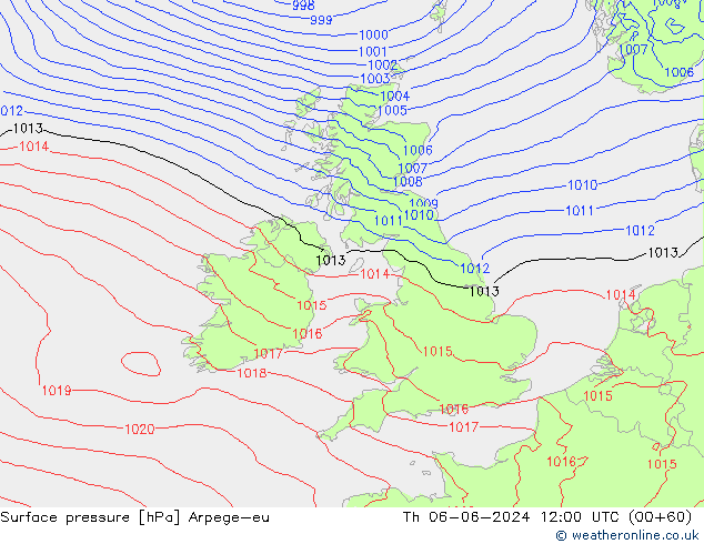 Presión superficial Arpege-eu jue 06.06.2024 12 UTC