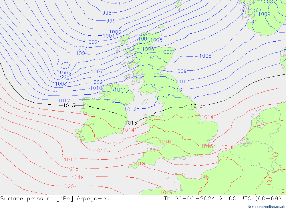 Surface pressure Arpege-eu Th 06.06.2024 21 UTC