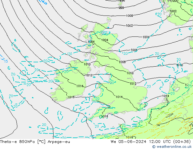 Theta-e 850hPa Arpege-eu Qua 05.06.2024 12 UTC