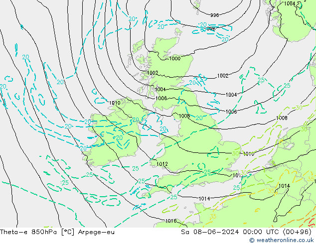 Theta-e 850hPa Arpege-eu sab 08.06.2024 00 UTC