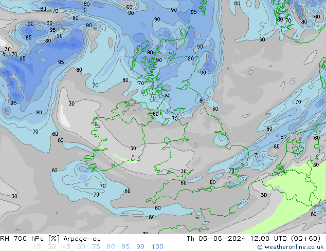 RH 700 hPa Arpege-eu czw. 06.06.2024 12 UTC