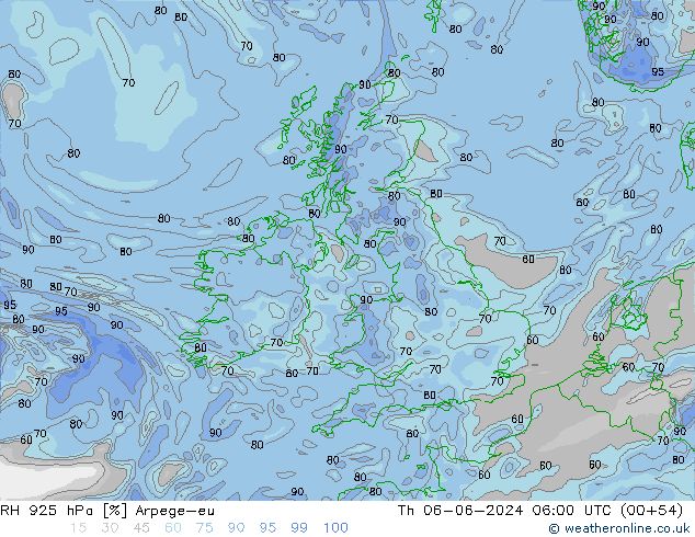 RH 925 гПа Arpege-eu чт 06.06.2024 06 UTC