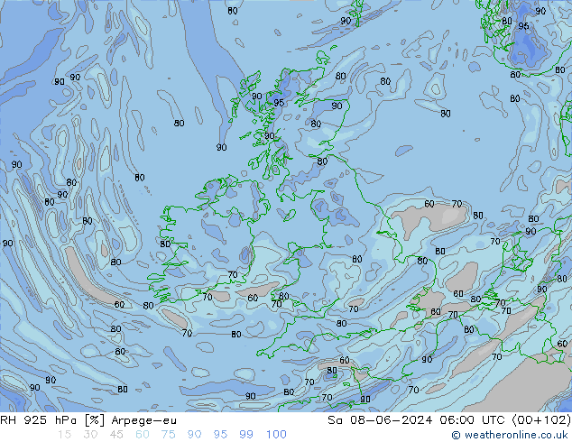 RH 925 hPa Arpege-eu Sáb 08.06.2024 06 UTC