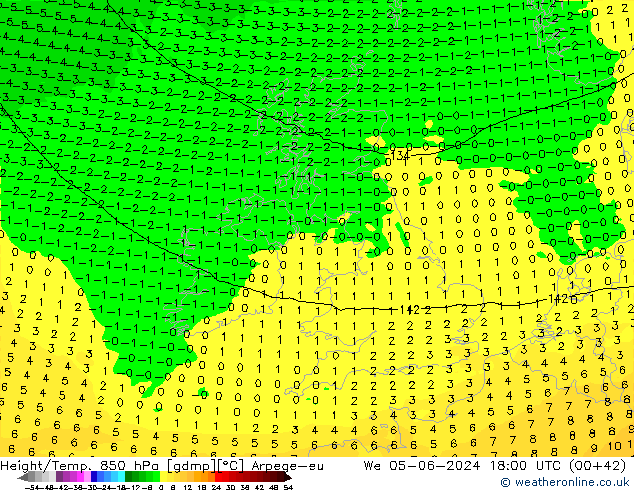 Geop./Temp. 850 hPa Arpege-eu mié 05.06.2024 18 UTC