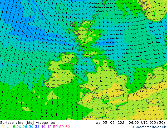 Viento 10 m Arpege-eu mié 05.06.2024 06 UTC