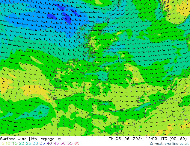 wiatr 10 m Arpege-eu czw. 06.06.2024 12 UTC