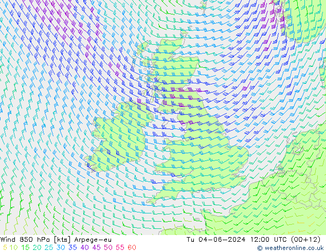 Wind 850 hPa Arpege-eu di 04.06.2024 12 UTC