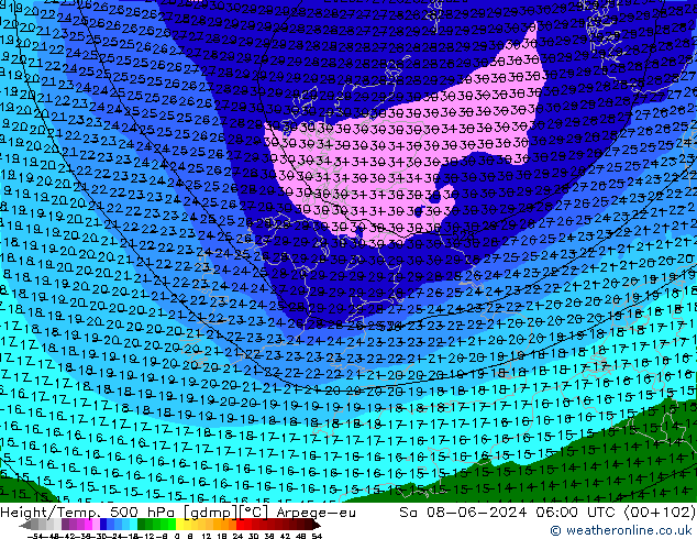 Height/Temp. 500 гПа Arpege-eu сб 08.06.2024 06 UTC