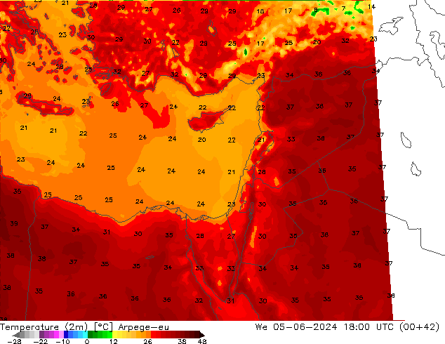 Temperatura (2m) Arpege-eu mer 05.06.2024 18 UTC