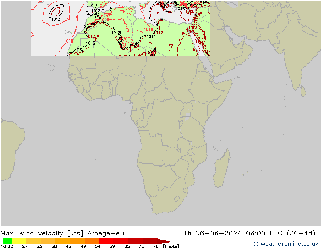 Max. wind velocity Arpege-eu Čt 06.06.2024 06 UTC