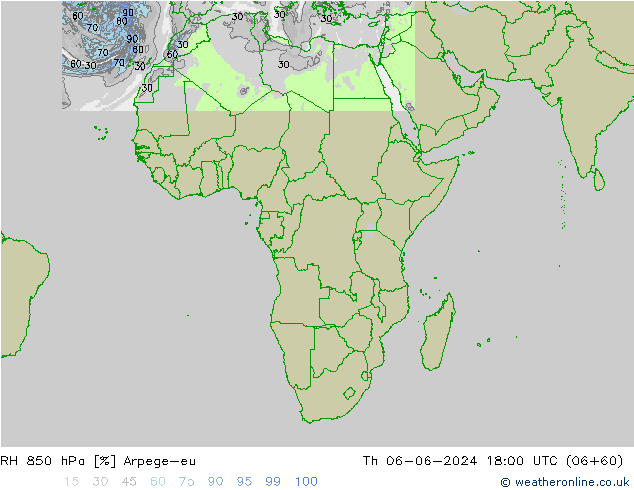 RH 850 hPa Arpege-eu czw. 06.06.2024 18 UTC