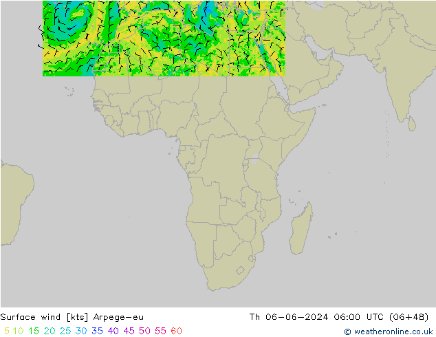 Surface wind Arpege-eu Čt 06.06.2024 06 UTC