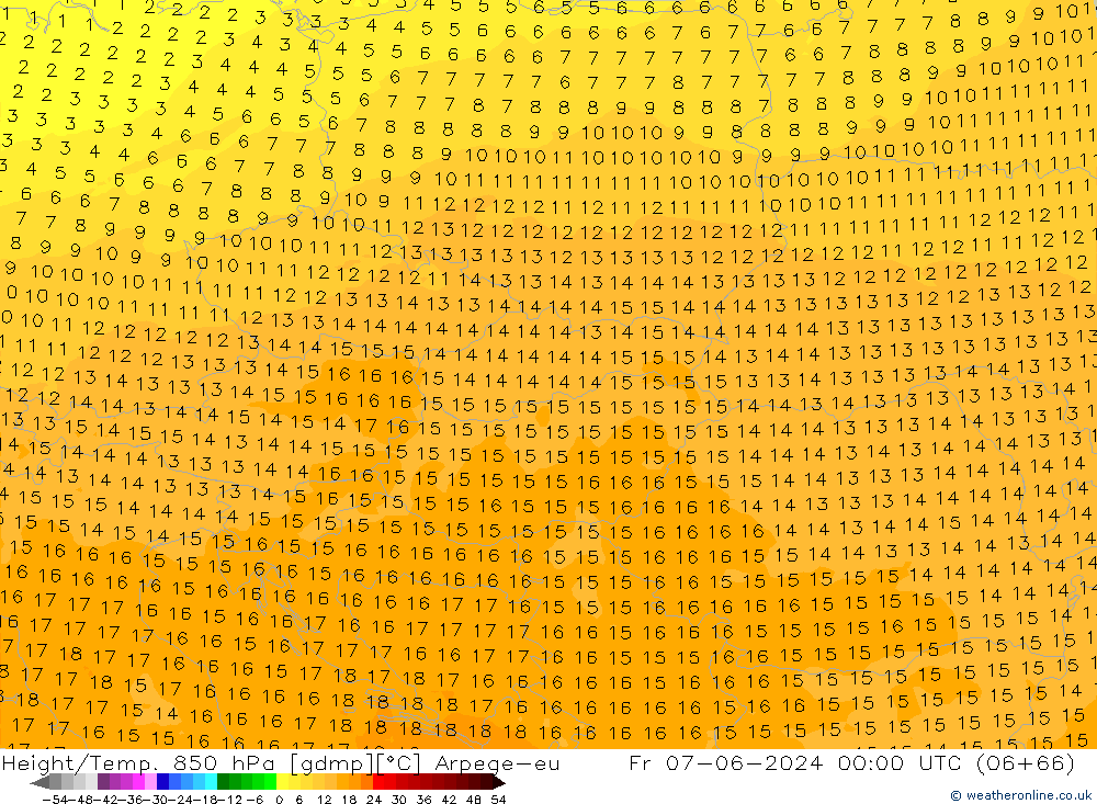 Height/Temp. 850 гПа Arpege-eu пт 07.06.2024 00 UTC