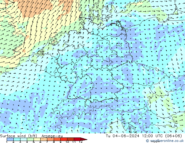 Surface wind (bft) Arpege-eu Tu 04.06.2024 12 UTC