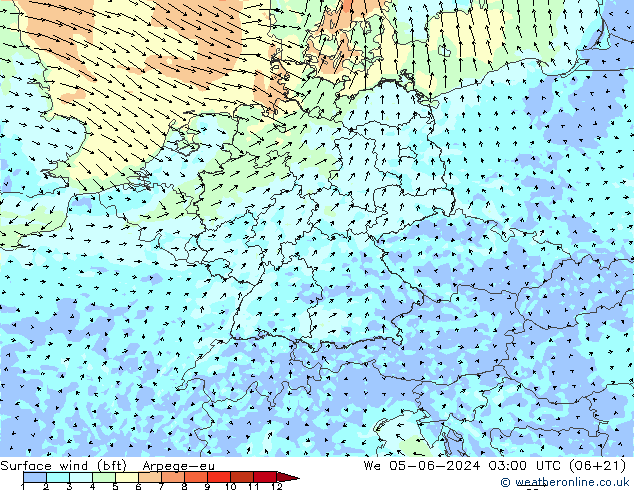 Wind 10 m (bft) Arpege-eu wo 05.06.2024 03 UTC