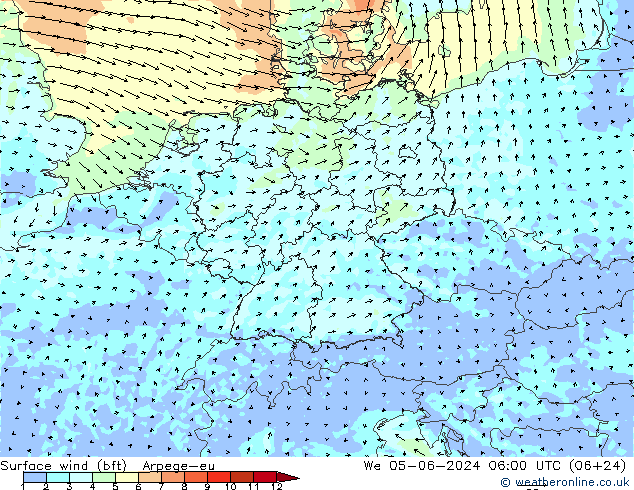 Surface wind (bft) Arpege-eu We 05.06.2024 06 UTC