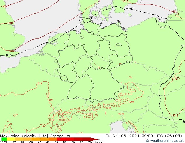 Max. wind velocity Arpege-eu Tu 04.06.2024 09 UTC