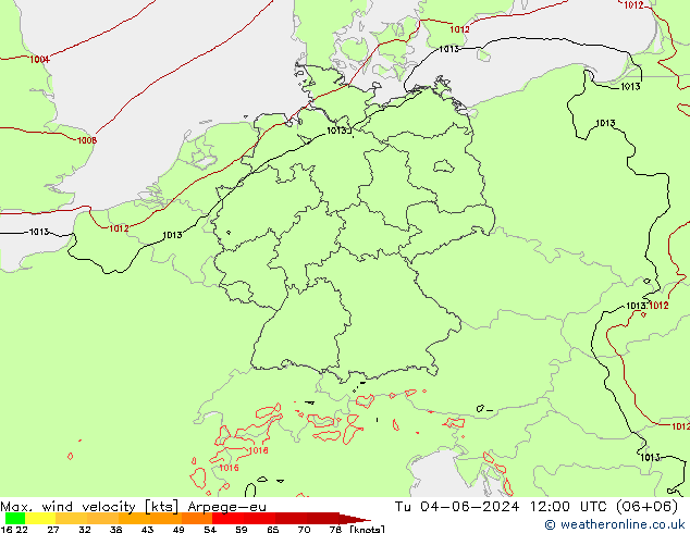 Max. wind velocity Arpege-eu mar 04.06.2024 12 UTC