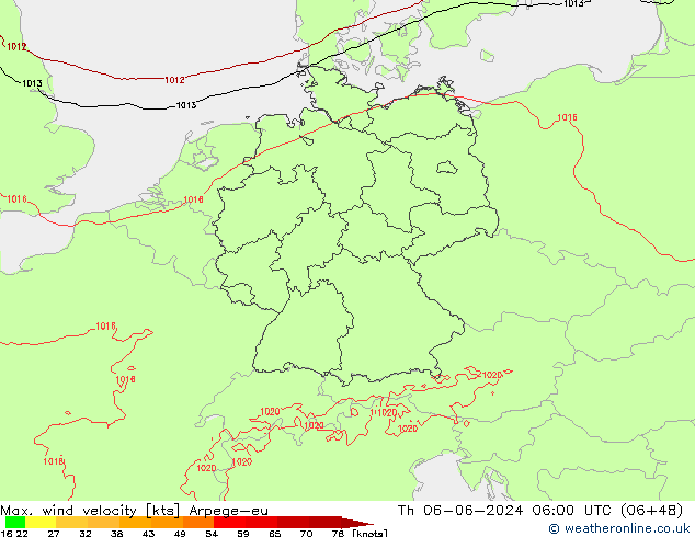 Max. wind velocity Arpege-eu Th 06.06.2024 06 UTC