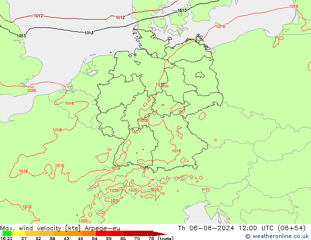 Max. wind velocity Arpege-eu Th 06.06.2024 12 UTC