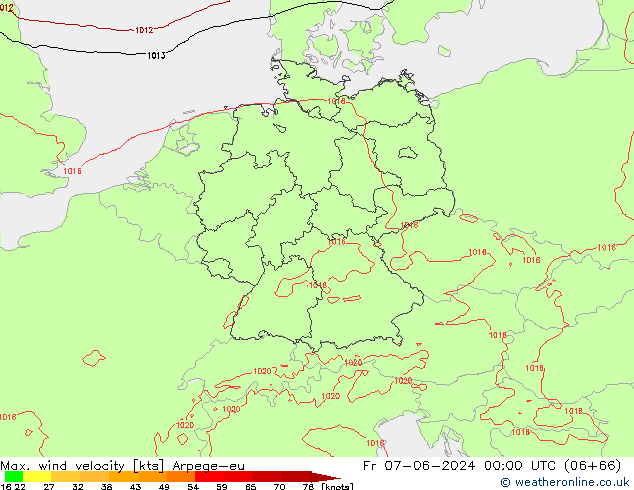 Max. wind velocity Arpege-eu Fr 07.06.2024 00 UTC