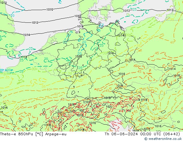 Theta-e 850hPa Arpege-eu gio 06.06.2024 00 UTC