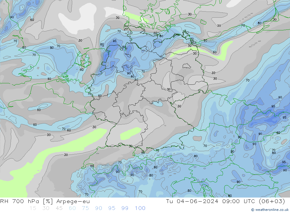 RH 700 hPa Arpege-eu Tu 04.06.2024 09 UTC