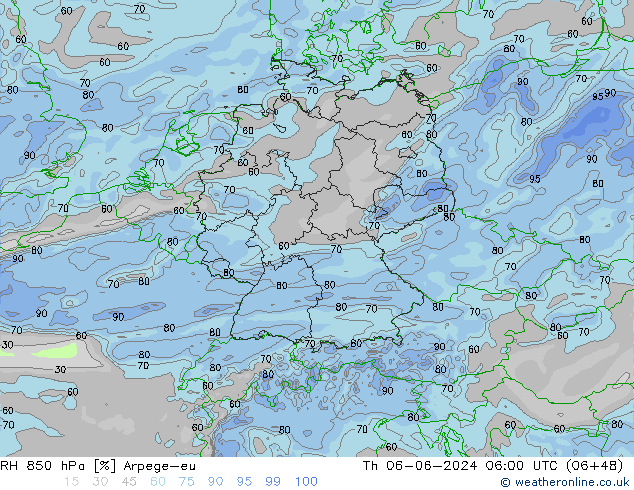 RH 850 hPa Arpege-eu Th 06.06.2024 06 UTC