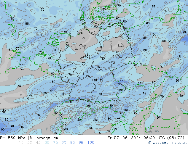 RH 850 hPa Arpege-eu ven 07.06.2024 06 UTC