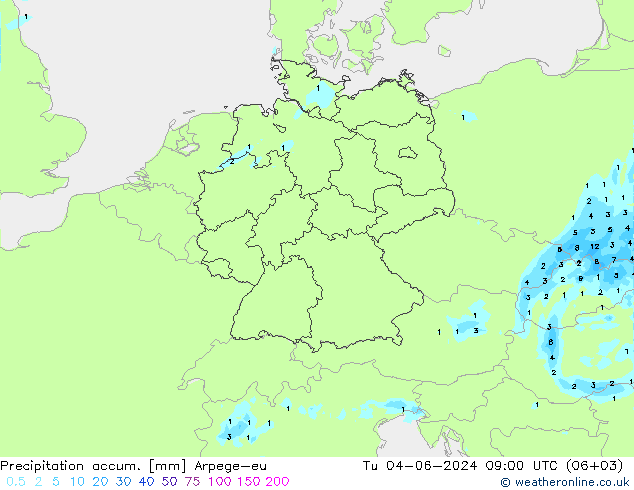 Precipitation accum. Arpege-eu Út 04.06.2024 09 UTC