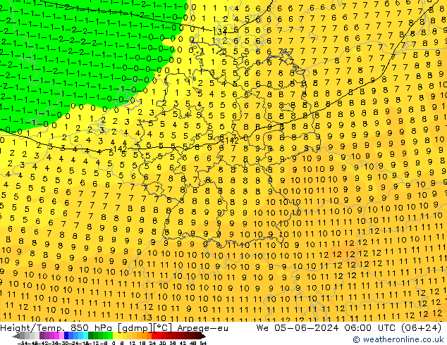 Height/Temp. 850 hPa Arpege-eu 星期三 05.06.2024 06 UTC