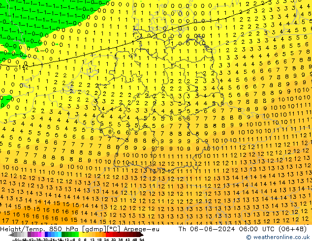 Height/Temp. 850 hPa Arpege-eu Th 06.06.2024 06 UTC