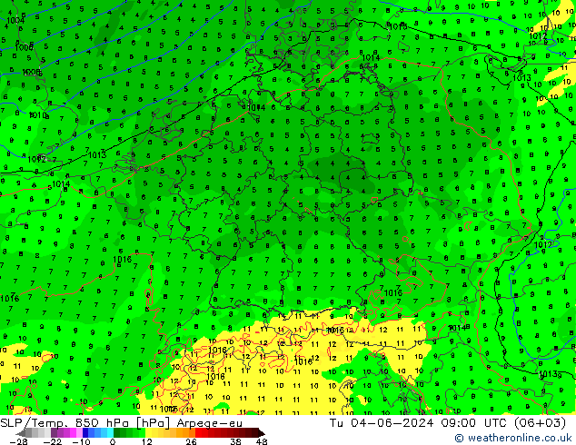 SLP/Temp. 850 hPa Arpege-eu Út 04.06.2024 09 UTC