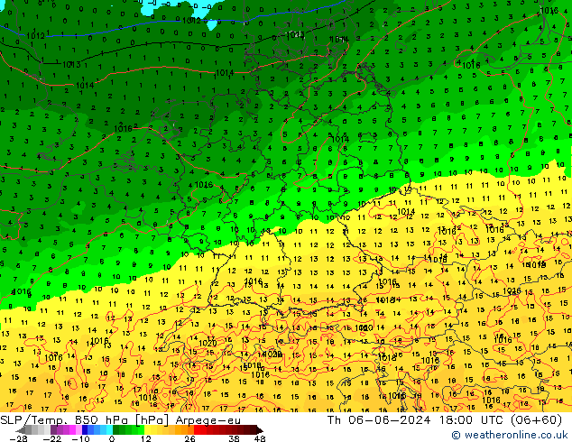 SLP/Temp. 850 hPa Arpege-eu gio 06.06.2024 18 UTC